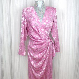 Vintage 1980s Size Medium Pink Silky Draped Floral Midi Dress With Decorative